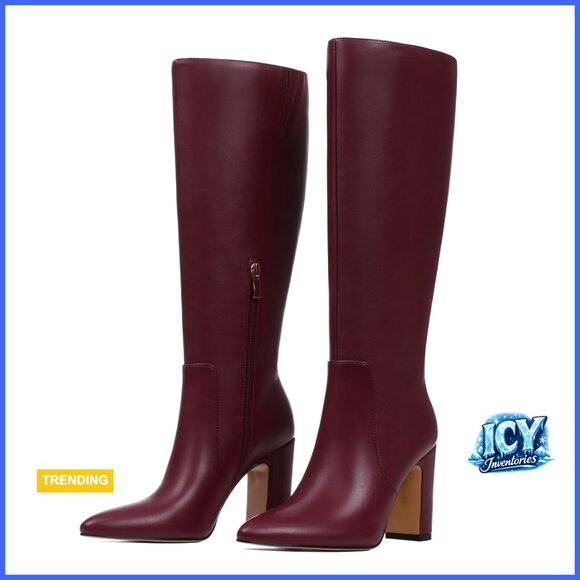 Knee High Boots PU Leather Chunky Heel Slip On Combat Shoes